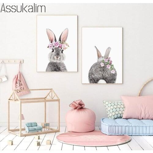 Nursery Canvas Print Bunny Poster Rabbit Tail Posters Balloon Flower Prints Animal Painting Nordic Wall Pictures Kids Room Decor