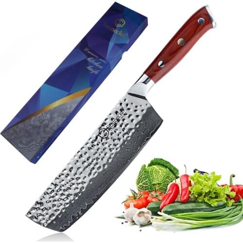 Sunnecko 7" Cleaver Knife Damascus Steel Hammer Blade Japanese Kitchen Knives Color Wood Handle Sharp Meat Fruit Cutting Tools