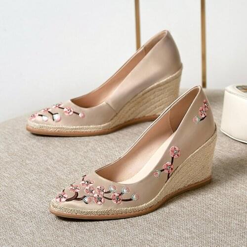 CIALISA New Women Shoes Platform Casual Shallow Leather High Heel Spring Autumn Wedges Gold Single Shoe Women