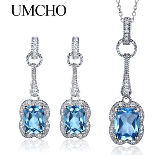 UMCHO Real 925 Sterling Silver Jewelry Set 5.6 ct Natural Blue Topaz Drop Earrings Pendant For Women Jewelry Necklace With Chain