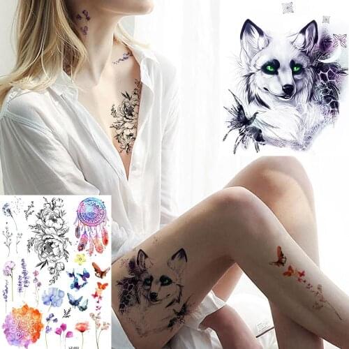 YURAN Women Flowers Temporary Tattoo Sticker 3D Dreamcatcher Butterfly Fake Sexy Tatoos White Ice Snow Fox Body Art Arm Tattoo