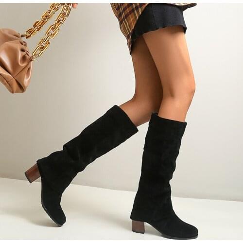 Women Leather Mid Calf Boots Casual Slip on Autumn Winter Wedge Long Boots Fashion Pleated Round Toe Black High Boots Female