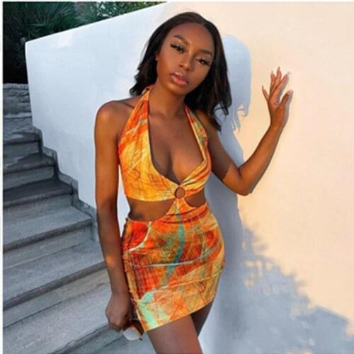 YYCZF Women Dresses Summer Wild Contrast Hollow Out Sexy Club Bodycon Patchwork Streetwear Casual Low-cut Halter Beach Dress