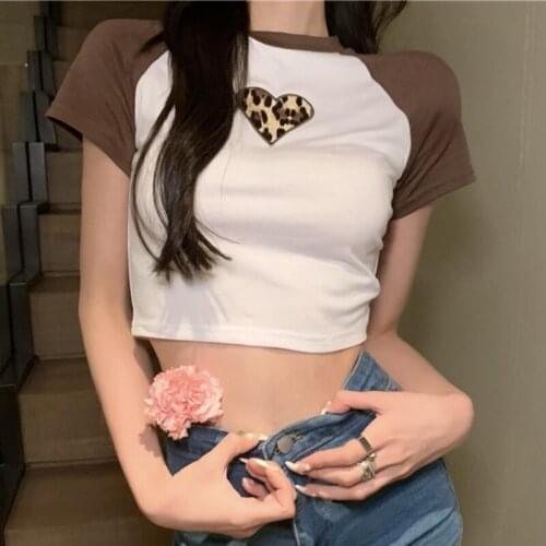 Zoki Fashion Leopard Embroidery Women Tanks 100% Cotton O Neck Fashion Crop Tops Slim Short Sleeve Elastic Girls Cute Tops 2021