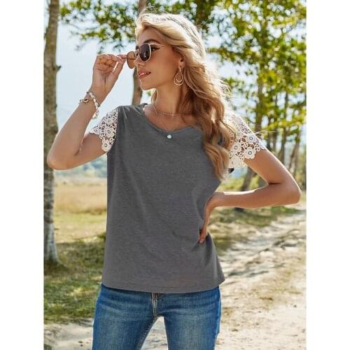 Women Solid Color Loose Round Neck Top Lace Splicing Short Sleeve T-Shirt Casual Loose Pullovers Tops Breathable T-Shirts