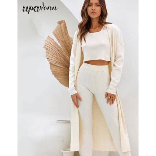 2020 Autumn Womens Casual Stretch Knit Suit Long Cardigan Jacket + Vest Top + Long Pants Women Home Service Casual 3-piece Set