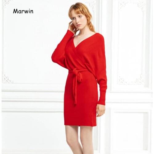 Marwin 2019 New-Coming Autumn Winter Solid Batwing Sleeve Belt High Street Style V-Neck Lace-Up Women Pullovers Female Sweaters