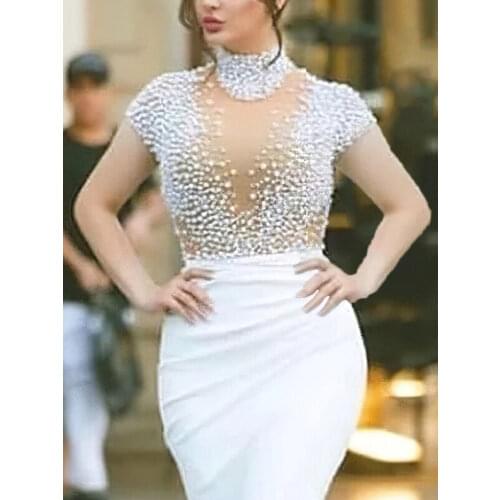 Womens Sexy Transparent Elastic Tulle Front Slit Dress Beaded Short Sleeve Elastic Split Irregular Dresses Woman Party Night