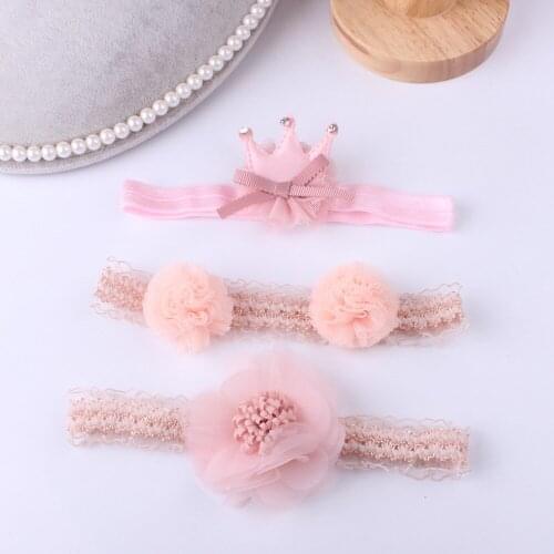 3Pcs/Set Lace Flower Baby Girl Headband Set Crown Bows Newborn Headwear Newborn Hair Accessories Elastic Baby Hair Band Turban