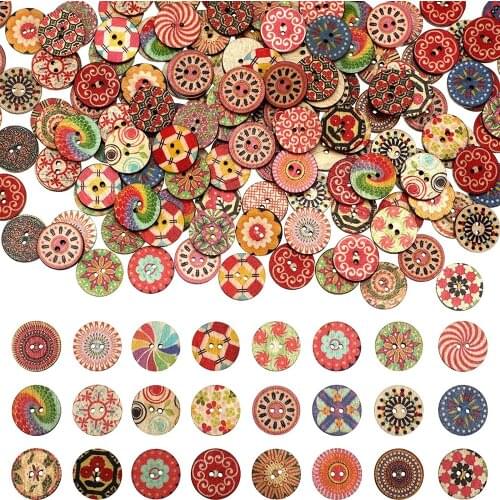 50PCS Vintage Wooden Buttons 2 Holes Flower Craft Colorful Painted Wood Decorative Buttons for Decorative DIY Sewing Craft