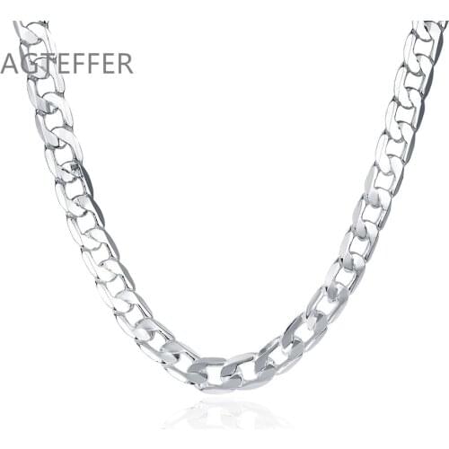 AGTEFFER 925 Sterling Silver 20/24 Inches 10mm Flat Sideways Chain Necklace For Women Man Fashion Wedding Party Charm Jewelry