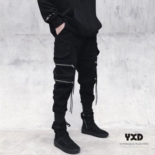 2021 Joggers Cargo Pants for Men Casual Hip Hop Zippers Pocket Male Trousers Sweatpants Autumn Streetwear Ribbons Techwear Pants