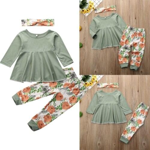 3PCS Toddler Kids Baby Girl Clothes Tops T-shirt Flower Pants Leggings Outfit Sweet Turban Girls Loose Top Set With Headband