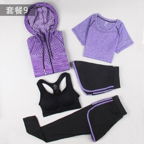 2019 women 5 piece sport sets push up bra+t shirt+coat+shorts+pants slim fitness set quick dry tracksuit gym clothing fitness