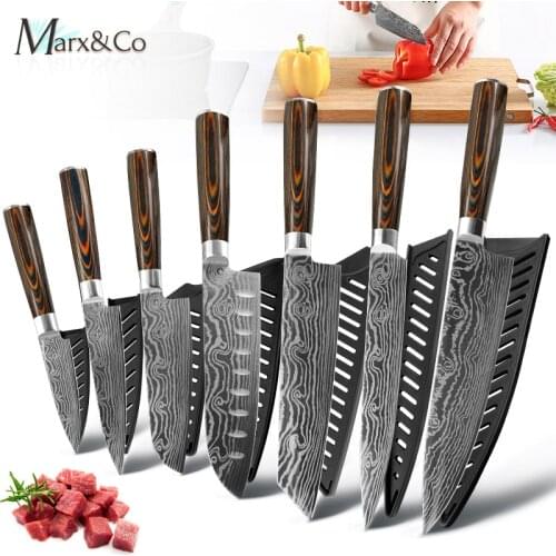 Kitchen Knife Chef Butcher Japanese Slicing Santoku Cleaver Utility 7CR17 1-7pcs/Set Stainless Steel Imitation Damascus Pattern