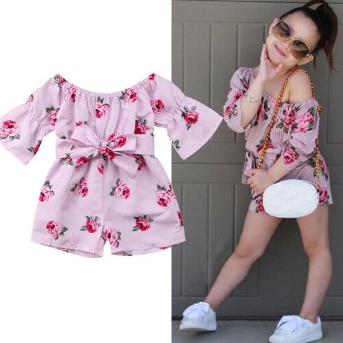 Summer Fashion Baby Girl Romper Floral Printed Off Shoulder Bandage Jumpsuit Sunsuit Outfits Kids Clothes