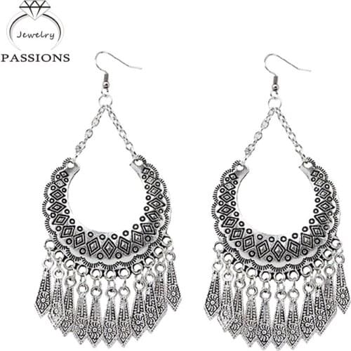 Hot Sale Bohemian Ethnic U Shaped Tassel Antique Silver Color Drop Earrings Vintage Peacock Tail Dangle Earrings Women Jewelry