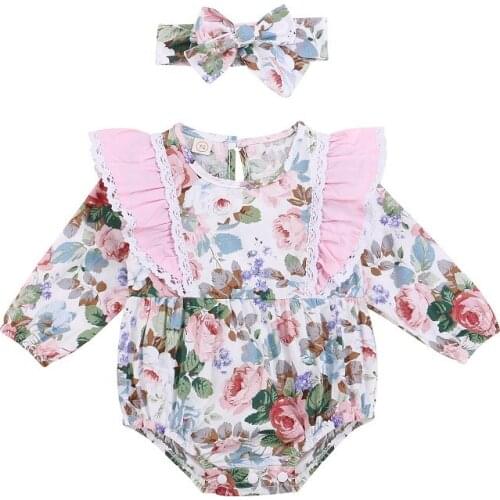 0-18M Cute Newborn Baby Girl Long Sleeve Floral Romper Jumpsuit Headband 2PCS Princess Girls Clothes