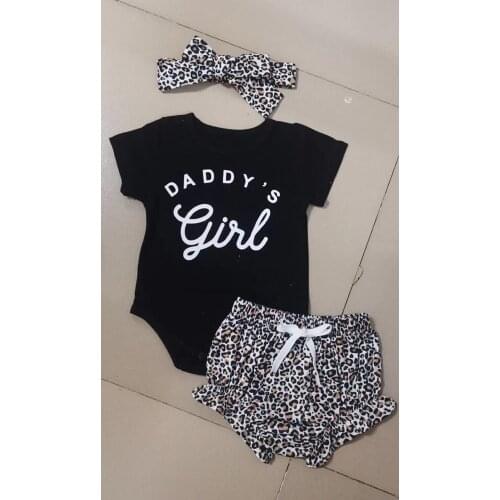 Cute Babys Romper Set, Round Neck Short Sleeves Letter Romper Leopard Short Pants Bowknot Hairband