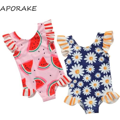2021 0-3Y Children Girls Swimsuit Summer Cute Daisy/Watermelon Printing Fly Sleeve Lace Swimwear Holiday Beachwear Bathing Suit