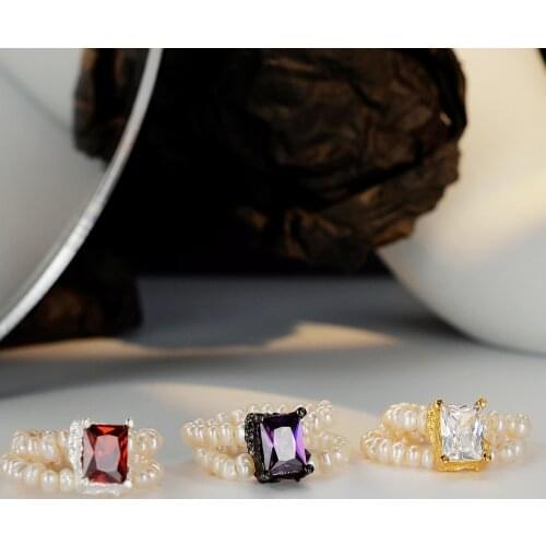 Amaiyllis S925 Sterling Silver Fashion Adjustable Elastic Baroque Pearl Ring Handmade Crystal Stone Index Finger Ring Jewelry