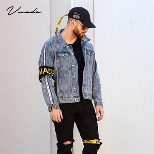 VMADE Authentics Oversize washed Mens vintage clothing Womens Coat Trucker Jacket Long-Sleeve Zipper Destroy Inwrought logo