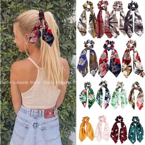 2021 New Bohemian Print Hair Scrunchie Bows Ponytail Holder Hairband Bow Knot Scrunchy Women Girls Hair Ties Hair Accessories