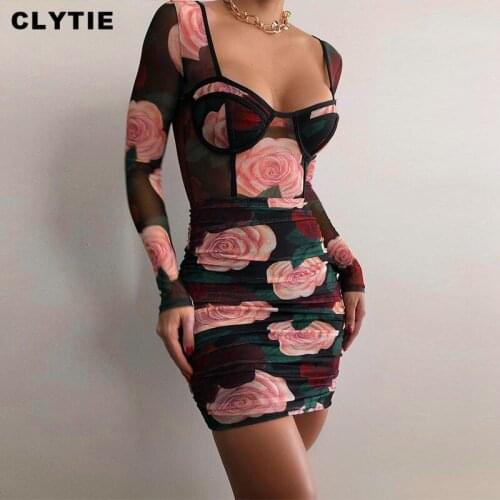Clytie Sexy Ruched Print Dress Women Long Sleeve Ladies Beach Styles Women 2021 Spring New Casual Mini Streetwear Dresses