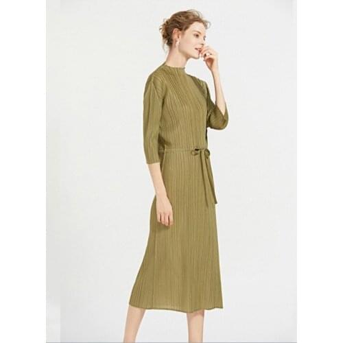 HOT SELLING Miyake fold classic half sleeve dress stand solid batwing sleeve lace-up dress IN STOCK