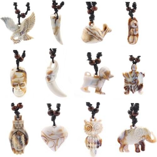 1pcs charms elephant eagle owl turtle skull whale tooth heart dog pendant wax cord resin necklace jewelry adjustable