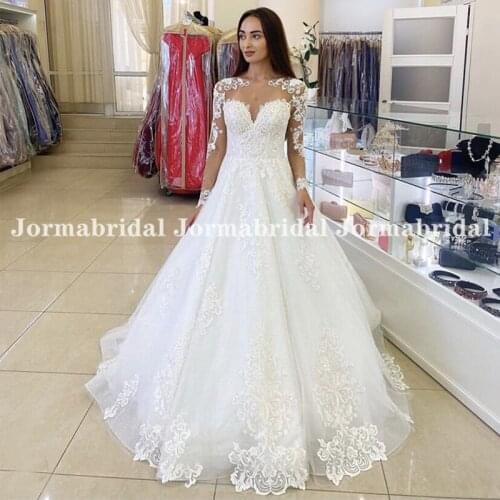 Robe De Mariee Princesse De Luxe 2021 Vintage Appliques Sheer Long Sleeves Bridal Dress Transparent Ball Gown Wedding Dresses