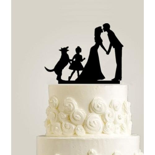 Happy Family Cake Topper Kissing Bride and Groom with a Girl and a dog Cake Topper for Wedding & Anniversary Cake Accessory