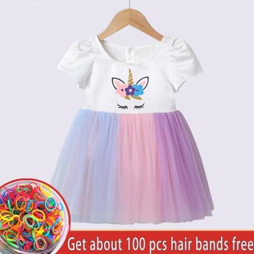 Girl Mesh Unicorn Ball Gown Dress Kid Summer Short Sleeve Cute Dresses Vestido Lace Clothing Children Birthday Party For Girls