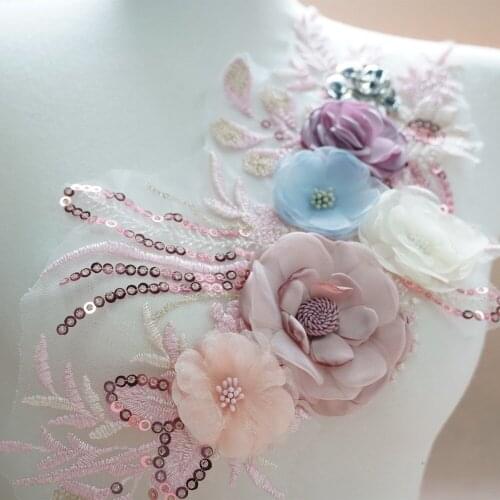 Chic 3D Flower Blossom Embroidered Sequin Beaded Lace Applique Chiffon Flower Sewing Trims Wedding Decoration Dress DIY Applique