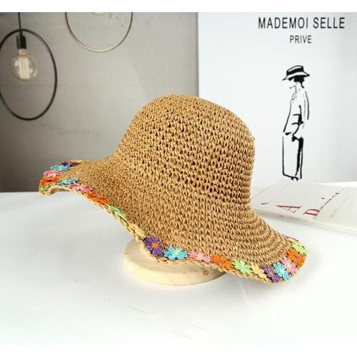 2020 New Summer Sun Hats Bohemia Style Women Fashion Straw Flower Beading Wide Brim Beach Hat