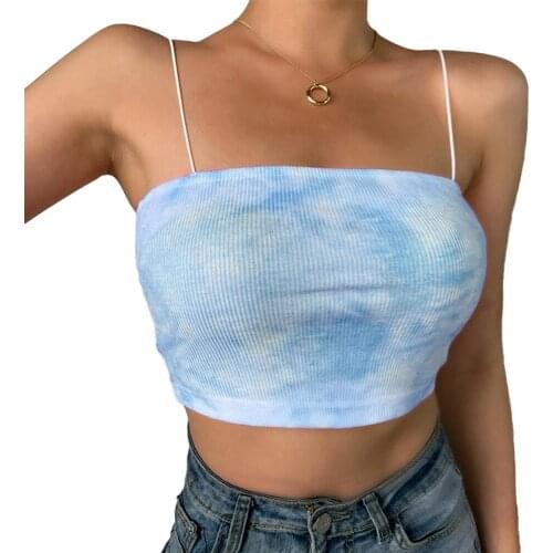 Womens Sexy Sleeveless Tank Tops, Spaghetti Strap Tie Dye Print Cami Crop Top Knit Ribbed Tee for Spring Summer
