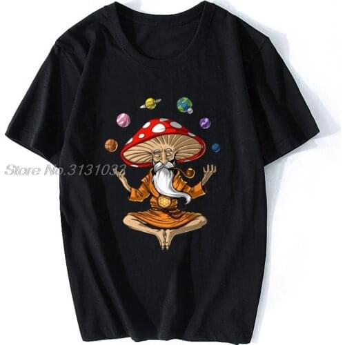 Magic Mushroom Buddha Streetwear Funny Black Clothing Mens T Shirt Tops Summer Cotton Tshirt Hip Hop Tees Harajuku Streetwear