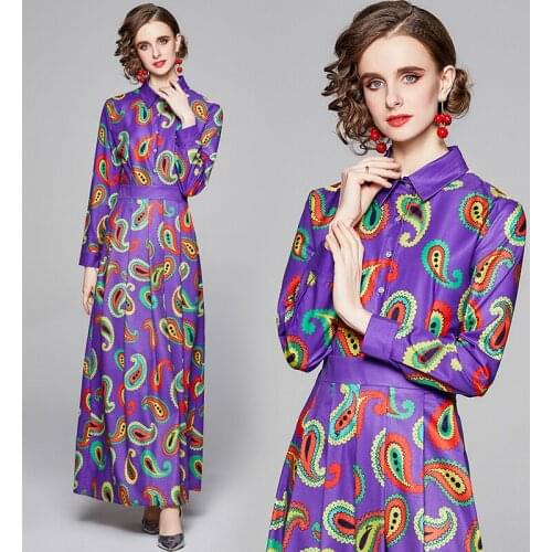 European and American Fashion Purple French Dress Designer Floral Print Tunic Party England Style Spring/Autumn Shirt Maxi Dress