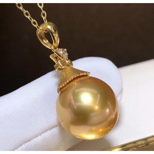 D401 Pearl Pendant Fine Jewelry Solid 18k Gold Natural Diamonds and 13-14mm Ocean Sea Water Rond Golden Pearl Pendants Necklaces