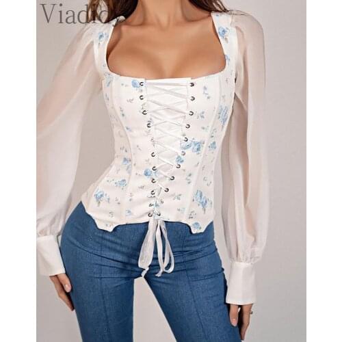 Women Square Neck Long Sleeve Print Bandage Blouse