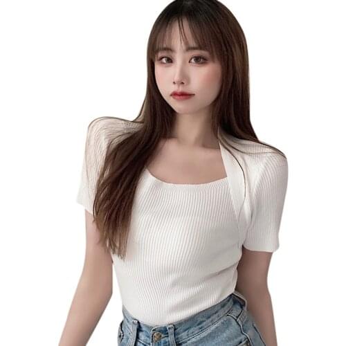Women Korean Style Square Collar Slim Tee Temperament Show Thin Bottom TShirt Short-sleeved Knit Top