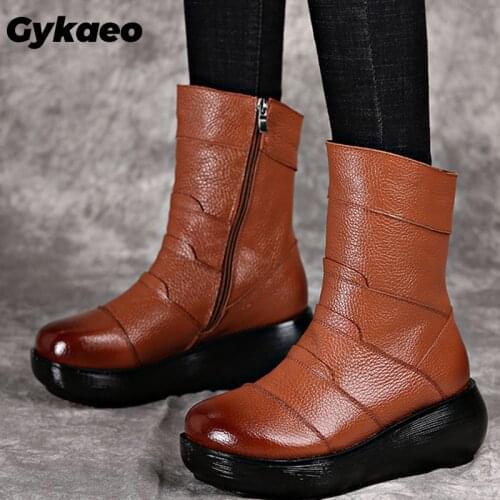 Gykaeo National Style Handmade Genuine Leather Women Shoes Retro Slope Heel Cowhide Winter Boots Ladies Warm Botines Mujer 2020