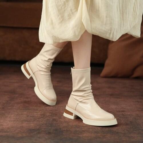 2021 Autumn/Winter Women Shoes Round Toe Boots Women Solid Pleated Stretch Boots Split Leather Women Boots Black Boots for Women