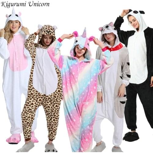 Kigurumi Unicorn Pajama Adult Animal Onesies for Women Men Couple 2019 Winter Pajamas Stitch Sleepwear Flannel Pijamas pyjama