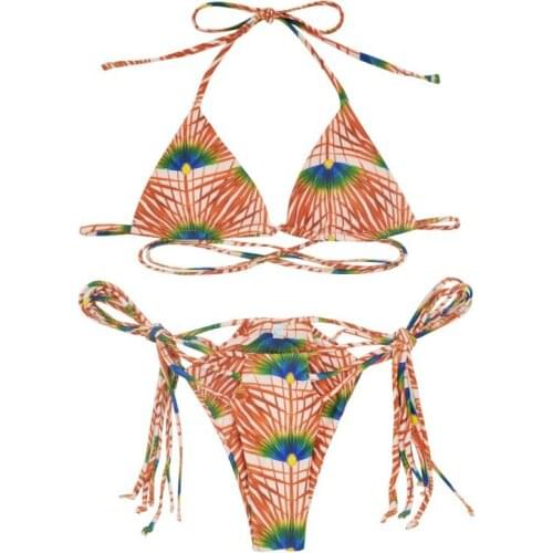 Ladies Bandage Bikini Set Sexy Beach Swimsuit Floral Printed Hollow Two-piece Swimwear Beachwear Outfits Casual Bathing Wear