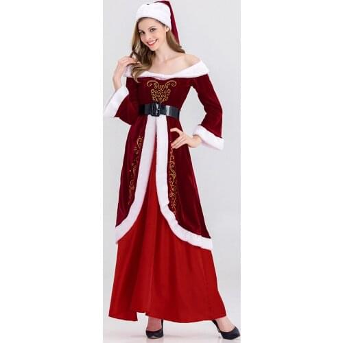 Women Santa Claus Costume Holiday Carnival Uniform Long Sleeve Fancy Dress Christmas Cosplay Party Costume Winter Dress 3pcs Set