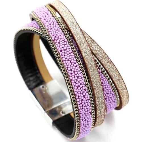 Purple Vogue Multilayer Unique Design Black Fashion Trendy Cuff Bangle Leather Bracelets Women Jewelry Accessories