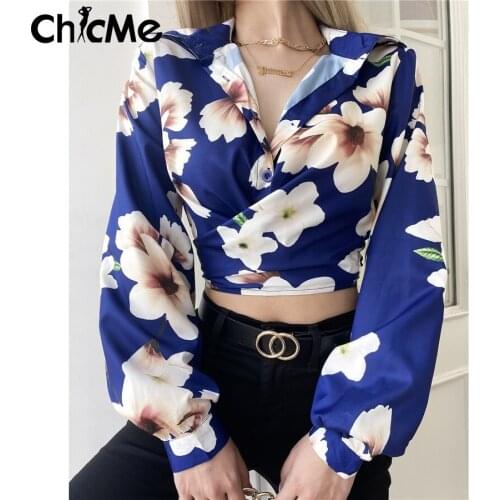 Chicme Women Floral Print Long Sleeve Crop Top Buttoned Turn-down Collar Casual Shirts Autumn Sexy Blouse Elegant Streetwear