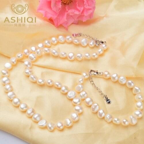 ASHIQI Real White Natural Baroque pearl Jewelry Sets Real Freshwater pearl Necklace Bracelet for women