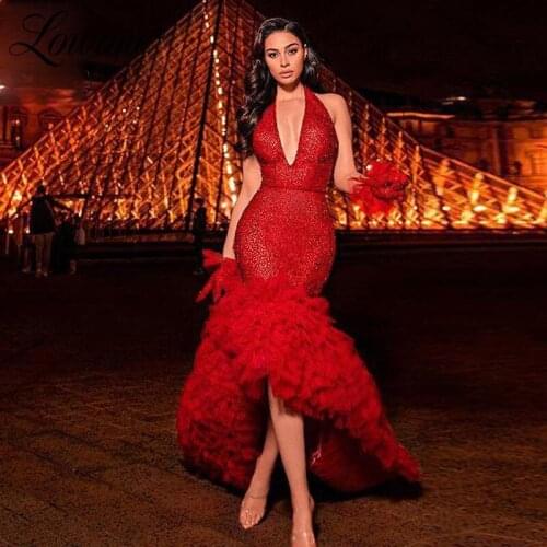 Red Halter Women Sexy Party Gowns Backless Long Celebrity Evening Dresses Arabic Dubai Prom Dresses 2020 Vestidos De Festa
